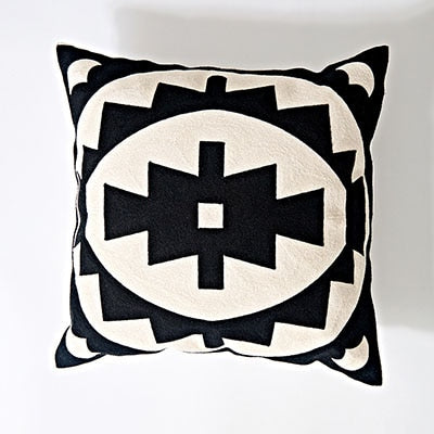 Home Decor Embroidered Cushion Cover Black White Abstract Geometric Canvas Cotton Square Embroidery Pillow Cover 45x45cm