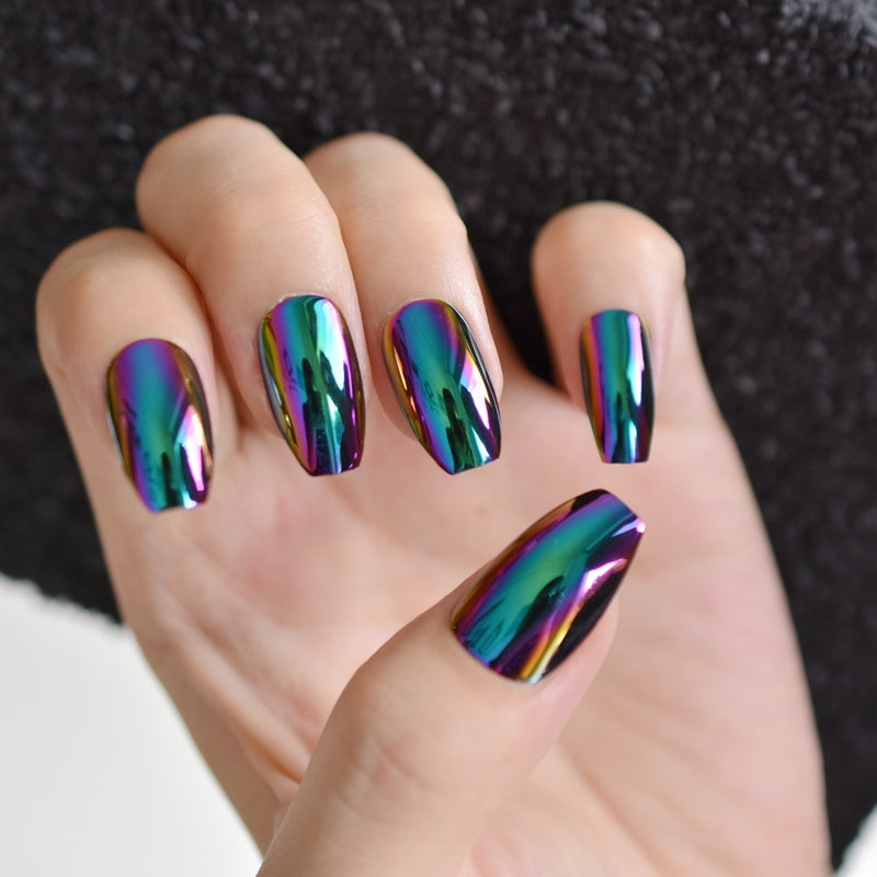 Super Holographice Coffin Nails Mirror Blue Chrome Sparkly Ballerina Fake Nails Medium Size Manicure Tips with Glue sticker