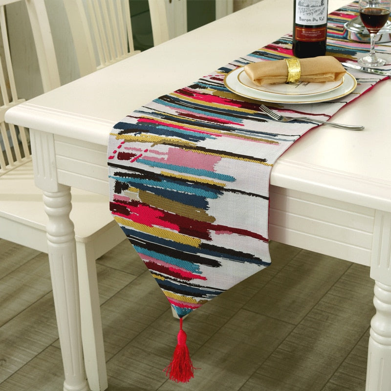 Camino de mesa con pintura colorida, caminos de mesa de estilo étnico, decoración moderna de Jacquard para boda, mantel de mesa de comedor, mesa de comedor