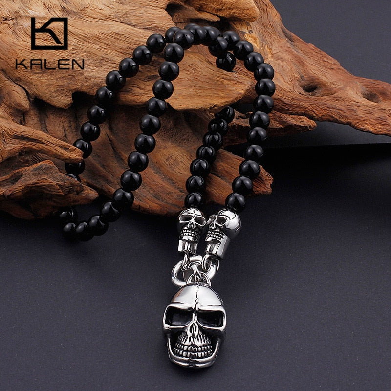 KALEN African Glass Beads 47cm 50cm 60cm 75cm Cadena Collares Hombres Punk Acero inoxidable Cráneo Colgante Declaración Gargantilla Joyería