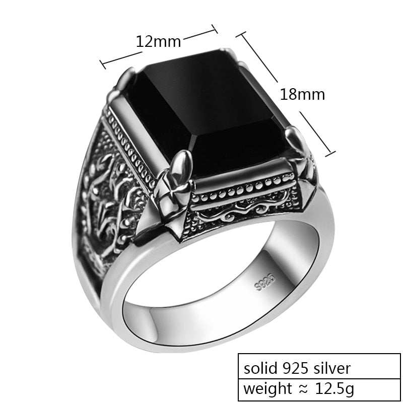 ZABRA Real 925 Silber Schwarz Zirkon Ring Für Männer Weiblich Gravierte Blume Männer Mode Sterling Thai Silber Schmuck Synthetischer Onyx