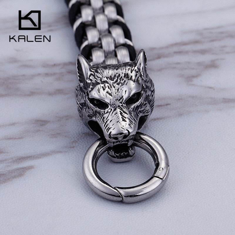 KALEN Punk Animal Wolf Charm Bracelets Men Stainless Steel Pulseira Masculina Leather Wristband Boho Jewelry
