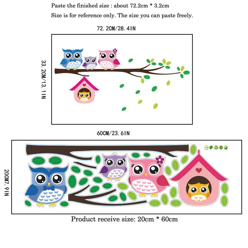 Cartoon Eulenfamilie auf Baum Wandaufkleber für Kinderzimmer Heimdekoration Kindergarten Wandkunst Aufkleber Tiere Aufkleber Tapete