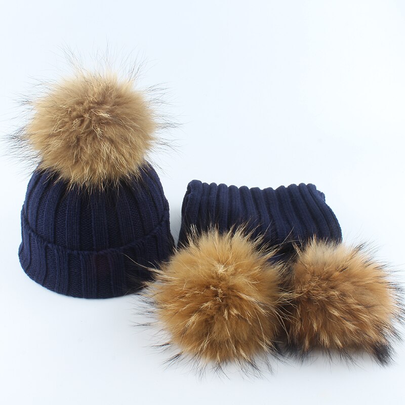 Children Real Fur Pompom Beanie Warm Knitted Hat and Scarf Set Boys Girls Winter Baby Cap