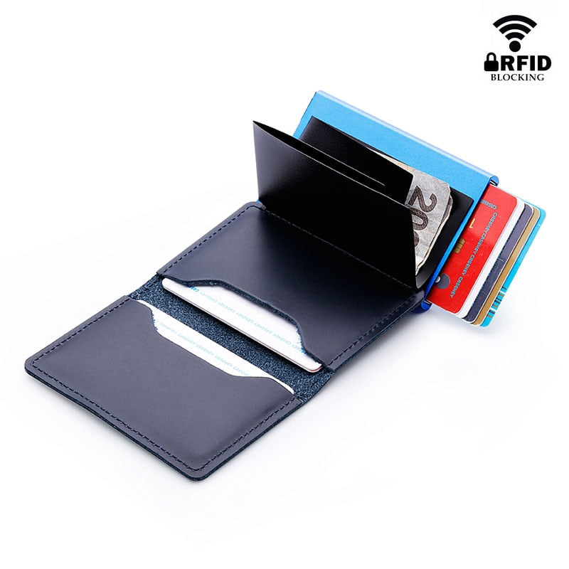 Tarjetero de cuero auténtico 100% con protección RFID para hombre, minicartera delgada de Metal de aluminio para negocios, tarjetero de identificación (enviar 12)