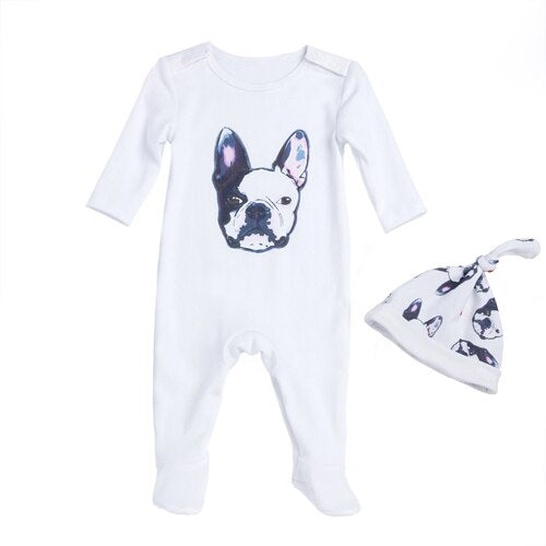Baby Overalls Bulldog Long Sleeve Rompers Clothing Cotton Dog Anima 2022New Autumn/Winter Newborn Girl Boy Jumpsuit hat