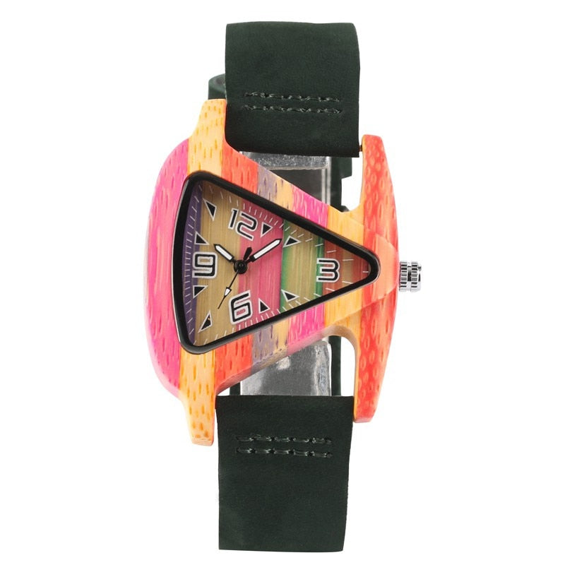 Reloj de madera colorido único, Reloj creativo con forma de triángulo, Reloj de hora para Mujer, pulsera de cuero de cuarzo, Reloj de pulsera para Mujer