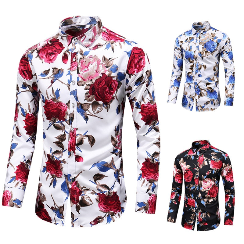 2022 Autumn Men Slim Floral Print Long Sleeve Shirts Fashion Brand Party Holiday Casual Dress Flower Shirt Homme Plus Size 7XL