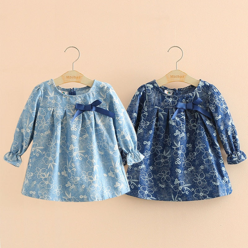 2021 Spring Autumn 2-10T Years Child Kids Birthday Gift O Neck Long-Sleeve Flower Print Denim Blue Colour Bow Cute Girls Shirt