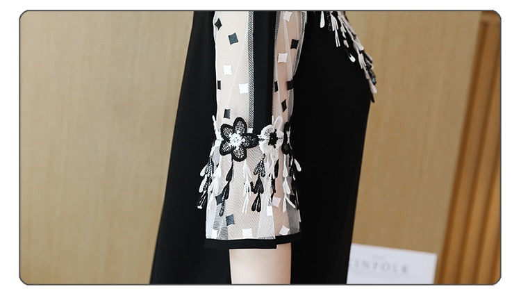 Mode Elegant Patchwork Blumenspitze Chiffon Kleid Flare Kurzarm Schwarz Sommerkleid Casual Plus Size Kleid Frauen 2724 50