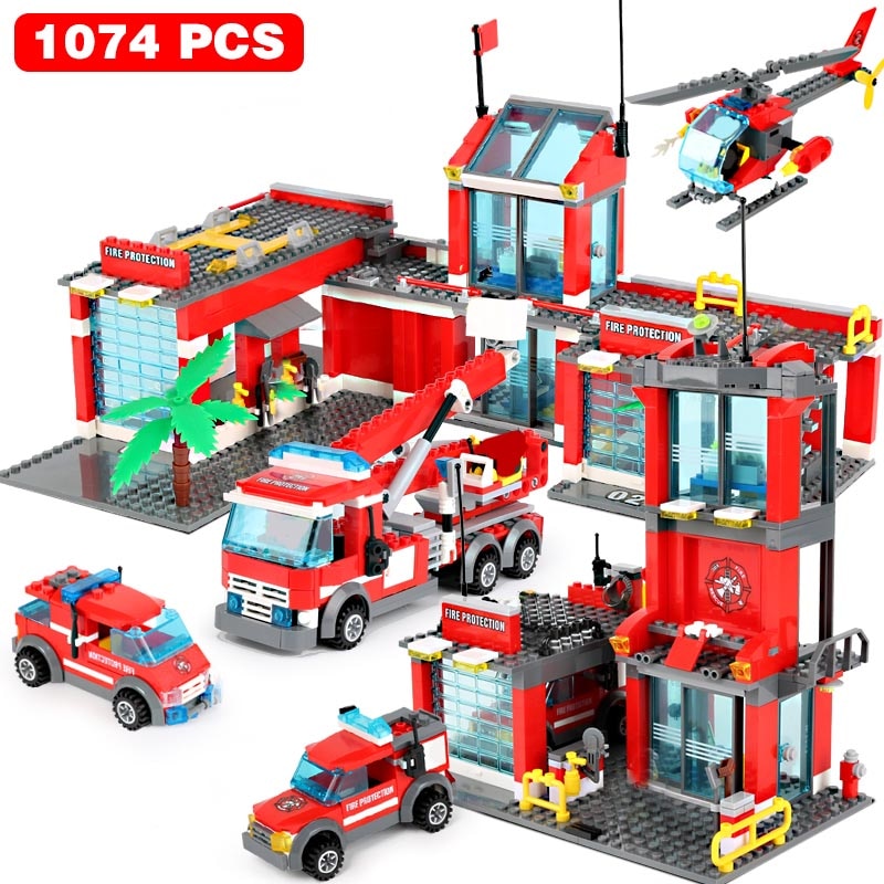 City Fire Station Building Blocks Mini Size Fire Engine Truck Blocks Firefighting Aircraft Helicopter Bricks Sets Toys For Kids