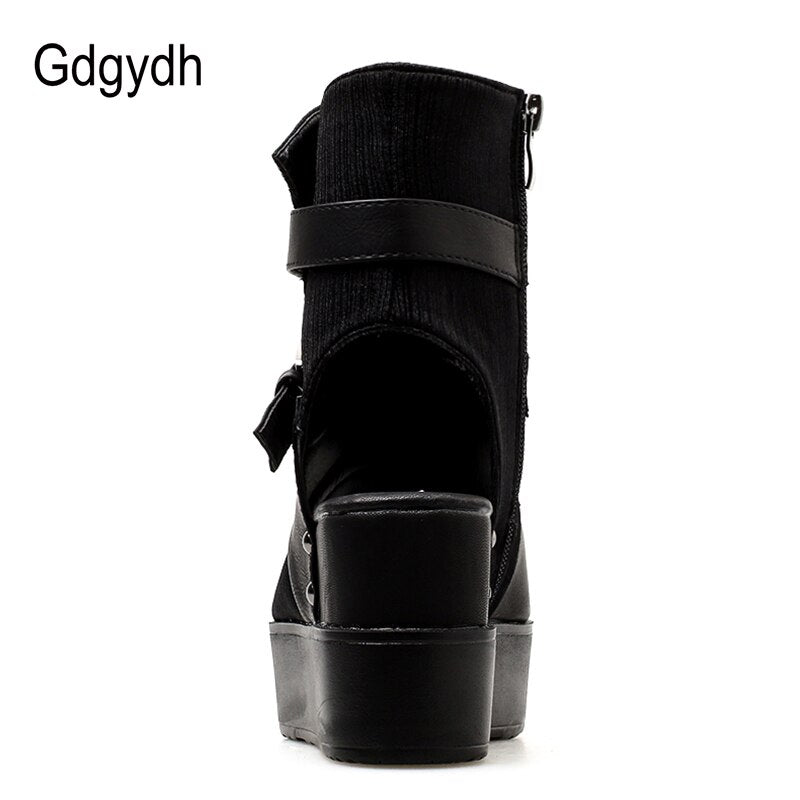 Gdgydh Schwarze Frauen Stiefeletten Frühling Herbst Peep Toe Flache Ferse Stiefel Für Weibliche Schnalle Plattform Keile Schuhe Sommer Bequem