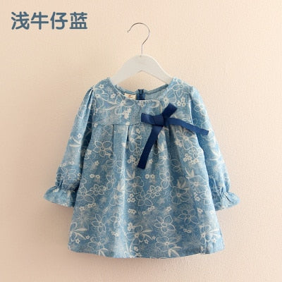 2021 primavera otoño 2-10T años regalo de cumpleaños para niños cuello redondo manga larga estampado de flores Denim azul lazo camisa linda para niñas