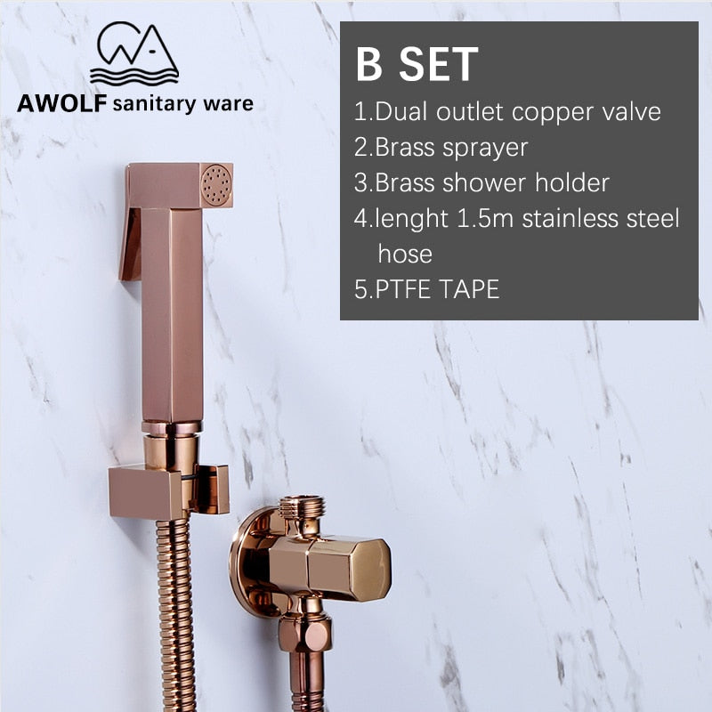 Solid Brass Rose Gold Hand Held Bidet Sprayer Square Toilet Shattaf Dual Single Copper Valve Douche Kit Shower Head AP2180