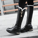 New Women Boots Knee High Boots Square Heels Fashion Round Toe Rubber Sole Woman Leather Shoes Winter Black