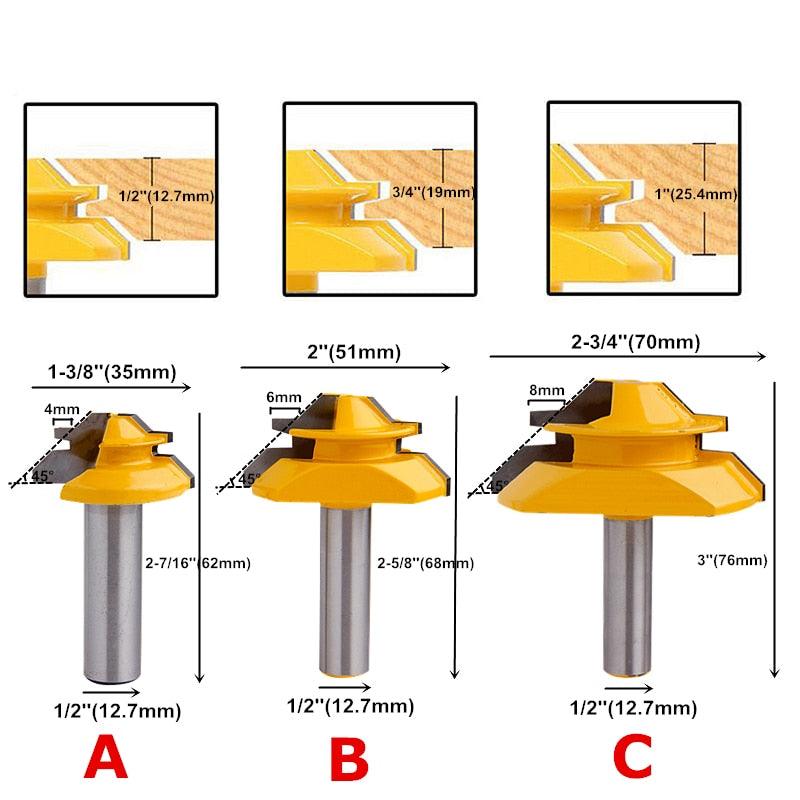 Broca de enrutador de inglete de bloqueo de 45 grados 6,35mm/8mm/12,7mm fresa de espiga de madera de vástago para herramientas de carpintería de carpintero de madera contrachapada MDF