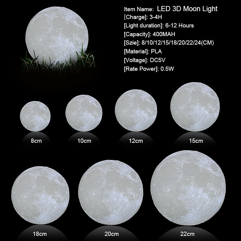 Dropship 3D Print Moon Lamp 20cm 18cm 15cm  Colorful Change Touch USB Led Night Light Home Decor Creative Gift