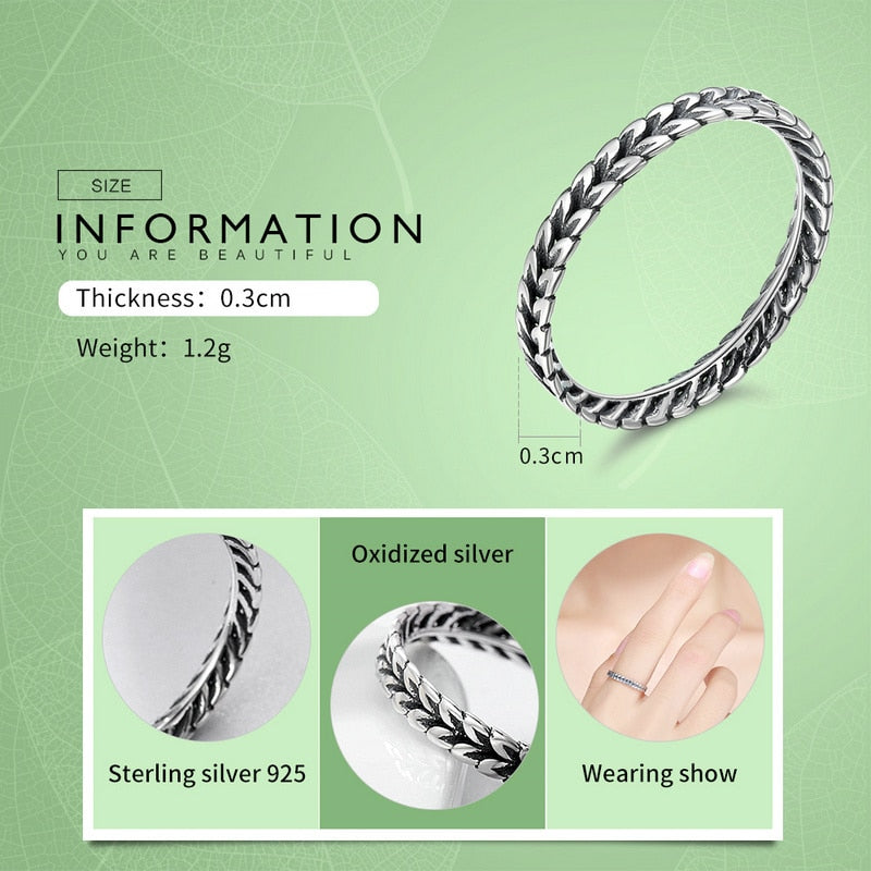 BAMOER auténtica Plata de Ley 925 anillo apilable forma de trigo flecha dedo anillo mujeres Vintage joyería de plata esterlina SCR139