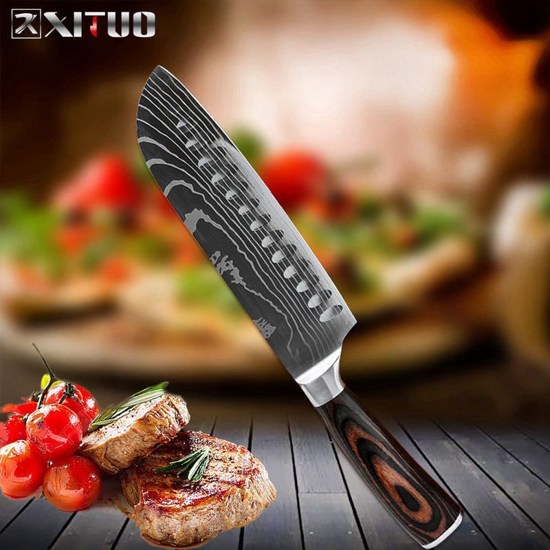 XITUO, cuchillo de Chef de cocina, patrón de Damasco láser, acero inoxidable de alto carbono, antiadherente, Santoku congelado, cuchillo de carnicero para pan kni