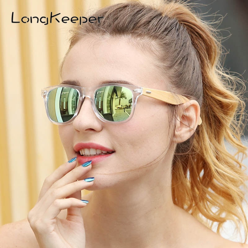 Gafas de sol de bambú de madera polarizada LongKeeper para mujer, diseño de marca para hombre, gafas de sol con brazos de madera reales, lentes de espejo, Gafas de sol