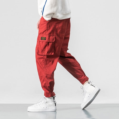 2022 Men Multi-pocket Elastic Waist Design Harem Pant Street Punk Hip Hop Red Casual Trousers Joggers Male Army Cargo Pants 5XL