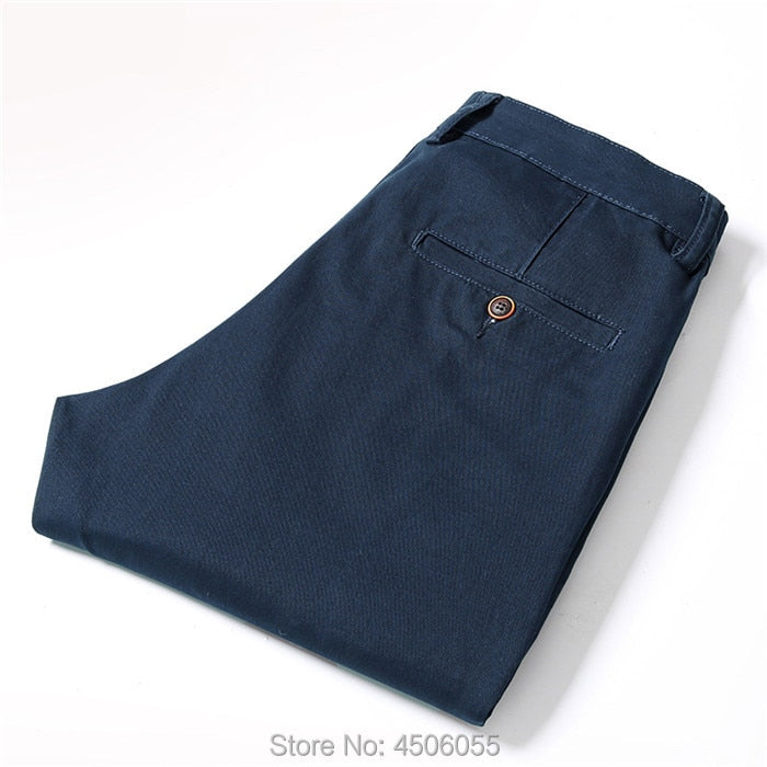 Pantalones de algodón rectos de negocios para hombre, pantalones elásticos para niño, ajustados, informales, de talla grande, 42, 44, 46, negro, caqui, rojo y azul