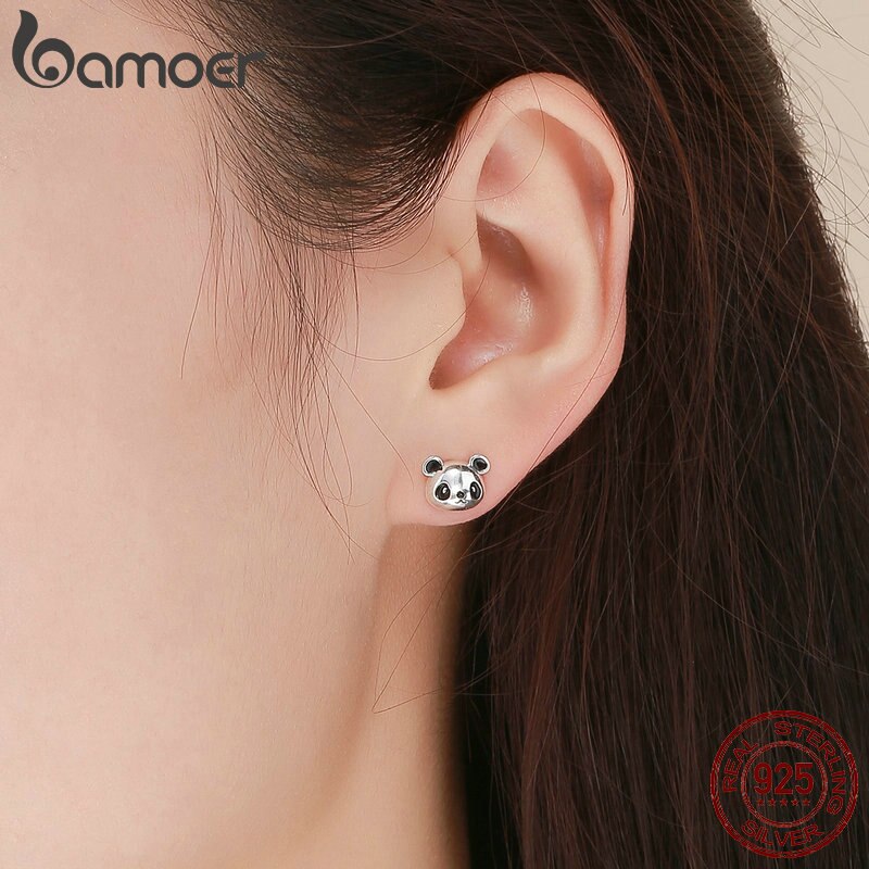 BAMOER Genuine 100% 925 Sterling Silver Animal Collection Cute Panda Stud Earrings for Women Sterling Silver Jewelry SCE386