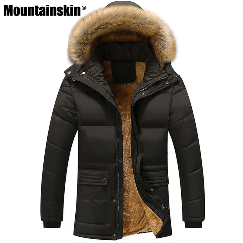 Chaquetas de invierno de piel de montaña para hombre, abrigos gruesos de lana 5XL con cuello de piel y capucha para hombre, chaqueta informal para hombre, prendas de vestir exteriores a prueba de viento SA390