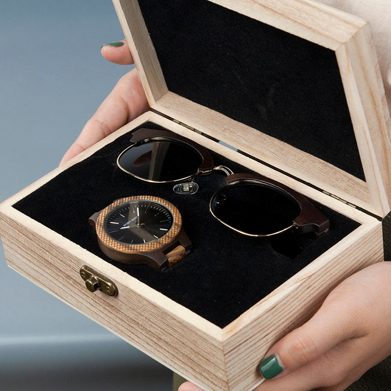 BOBO BIRD Herrenuhr Sonnenbrillen Set Holzuhren Japan Uhrwerk Quarzuhren Herren Tolles Geschenk reloj hombre