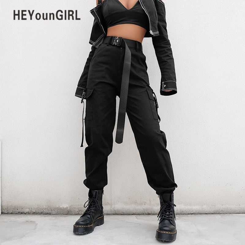 HEYounGIRL Streetwear Cargohose Damen Casual Jogger Schwarz Hohe Taille Lose Damenhose Korean Style Damenhose Capri