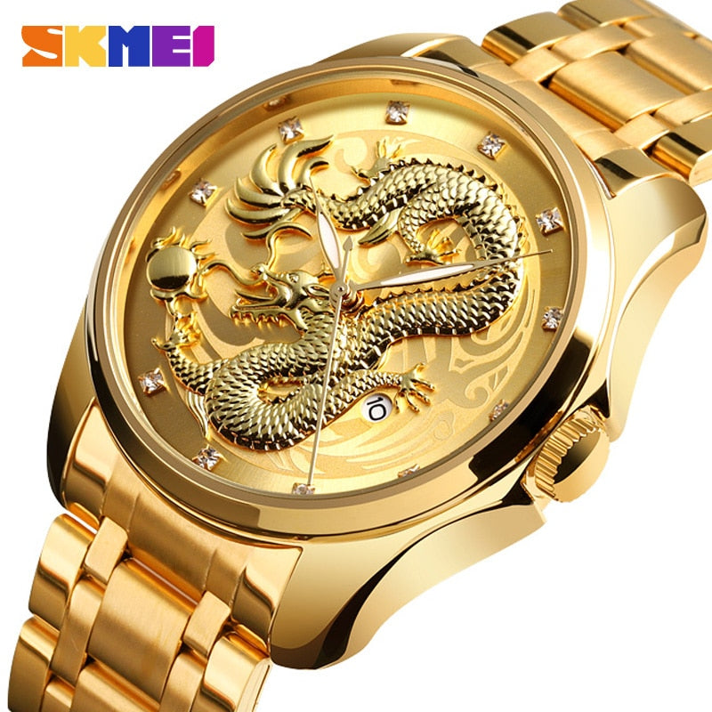 2020 SKMEI Luxus Chinesische Drachen Muster Männer Goldene Quarzuhr Männliche Uhren Wasserdichte Armbanduhren Relogio Masculino 9193