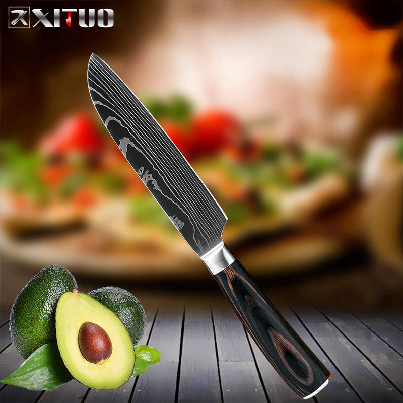 XITUO Kitchen Chef Knife Laser Damascus Pattern High Carbon Stainless Steel Non-stick Frozen Santoku Utility Cleaver Bread kni