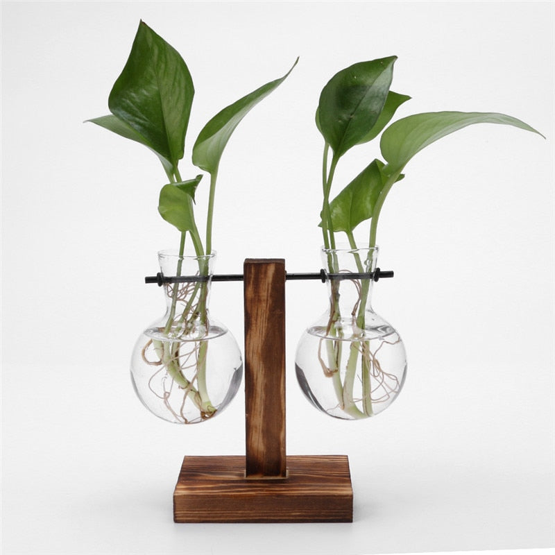 Glas-Holz-Vase Pflanzgefäß Terrarientisch Desktop-Hydroponik-Pflanze Bonsai hängender Blumentopf mit Holztablett Heimdekoration