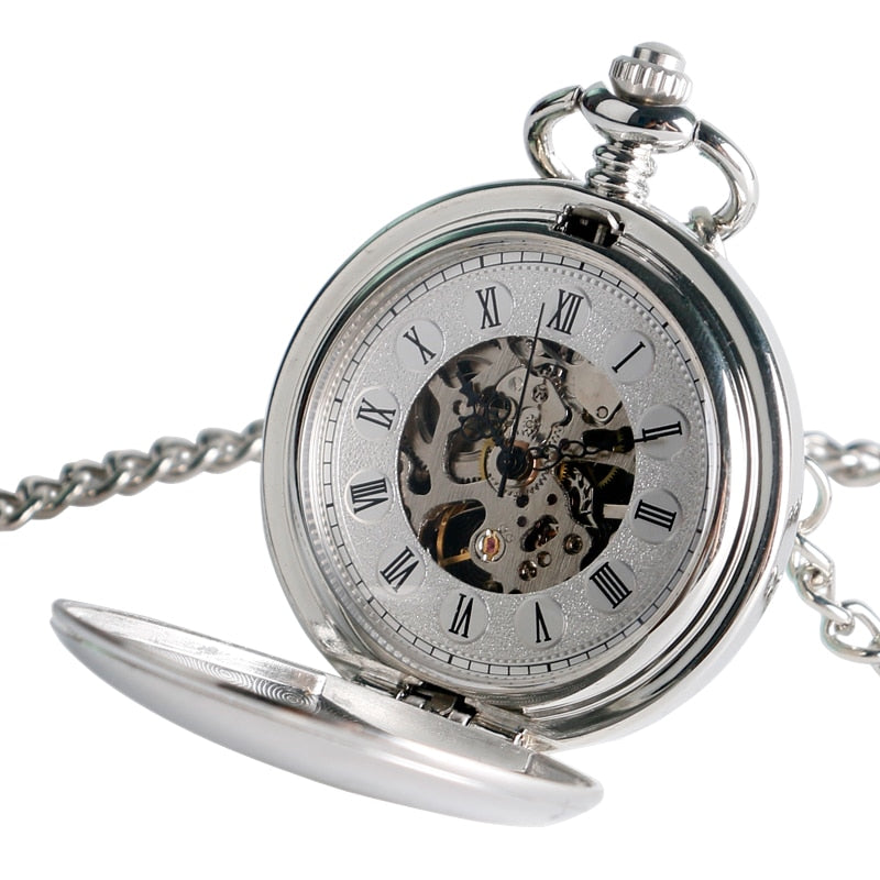 Steampunk Pocket Watch Clock Women Mechanical Hand Wind Smooth Silver Pendant White Dial Simple Stylish FOB