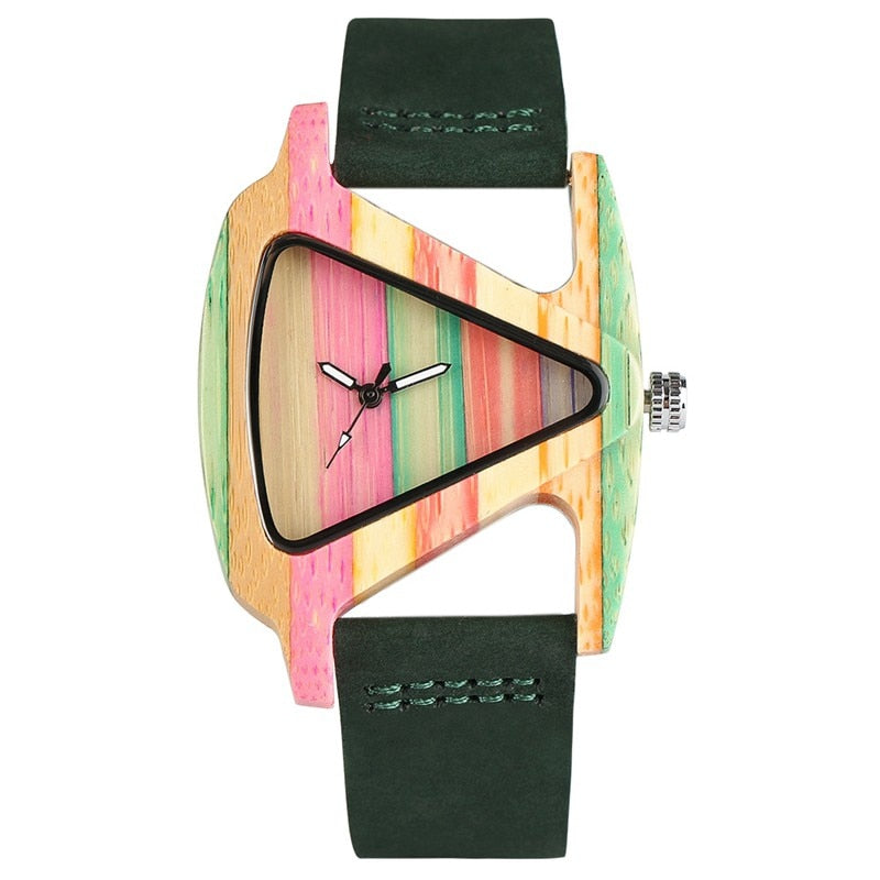 Reloj de madera colorido único, Reloj creativo con forma de triángulo, Reloj de hora para Mujer, pulsera de cuero de cuarzo, Reloj de pulsera para Mujer