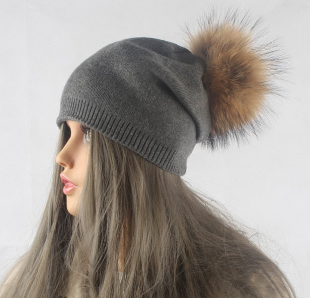 Gorro con pompón para otoño e invierno, gorros tejidos de lana para mujer, gorros informales de Cachemira para mujer, gorro con pompón de piel de mapache Real