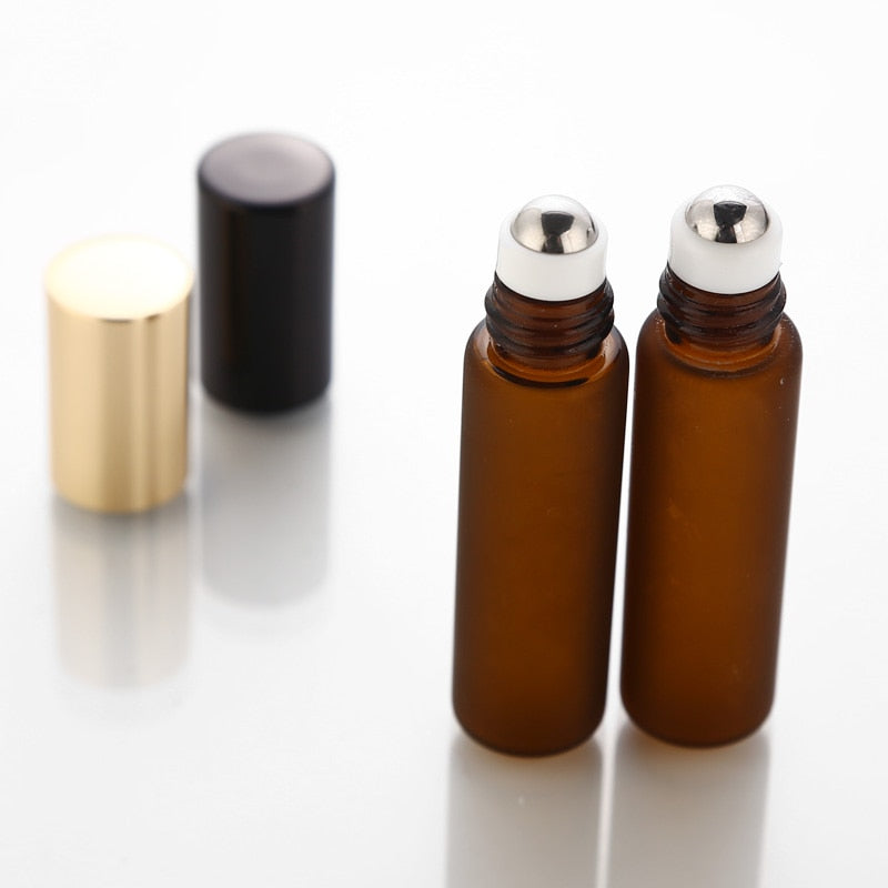 50pcs/lot 5ml Frosted Amber Perfume Glass Roll on Bottle with Glass/Metal Ball Brown Roller Essential Oil Vials Thin