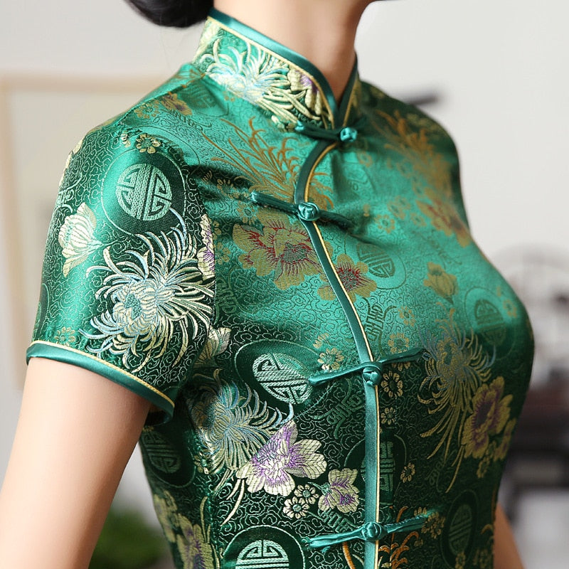 2021 New High Fashion Green Rayon Cheongsam Chinese Classic Women&