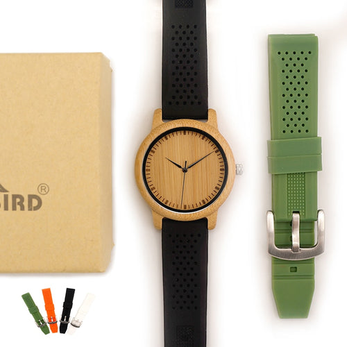 BOBO VOGEL Mode-Mann-Uhr-einfache Art-hölzerne Bambusarmbanduhr-weiches Silikon-Bügel-Extraband als Geschenk Heißer Verkauf