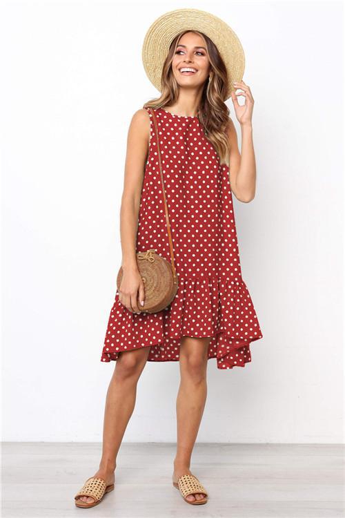 Sommerkleid Frauen Welle Punkt gekräuselte Polka O Hals ärmellos Casual Strand Sommerkleid transparent weiblich plus Größe vestidos 2020