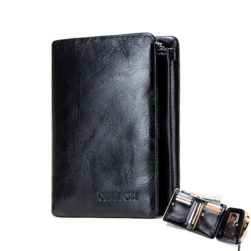 CONTACT&#39;S Genuine Leather Oil Wax Men&#39;s Wallet Black Short Wallets for Men Portomonee Male Card Holder Carteira Masculina Walet