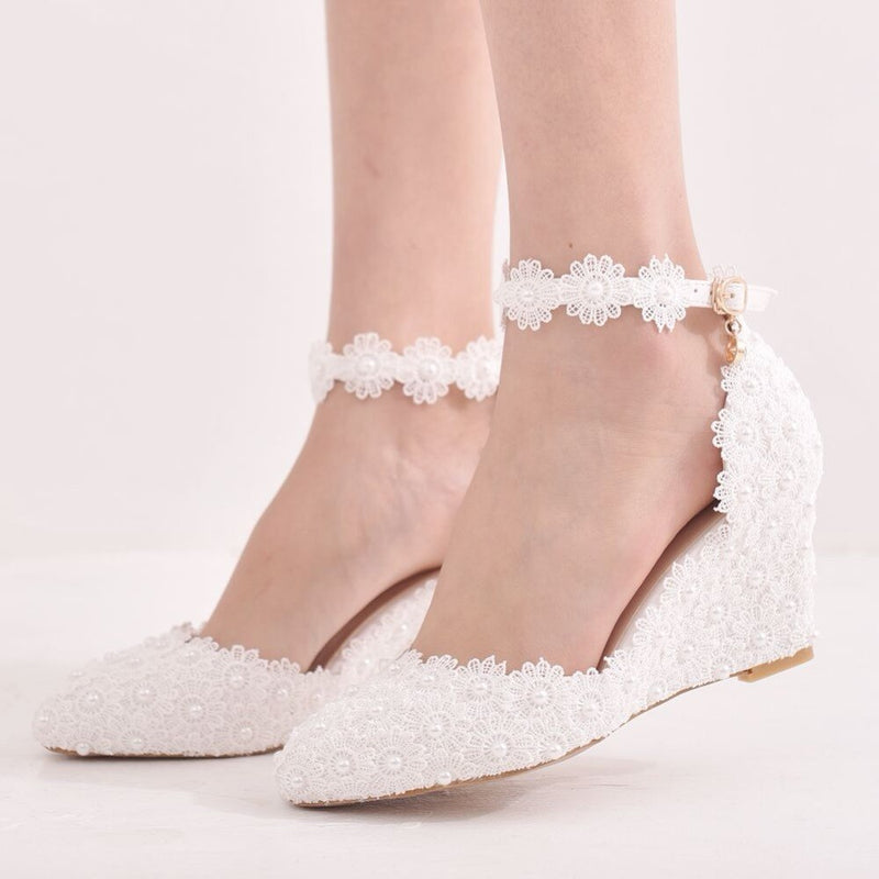 Crystal Queen Wedges Heel Woman Wedding Shoes Bride White Lace UP Sweet Bridesmaid Bridal Pumps Platform