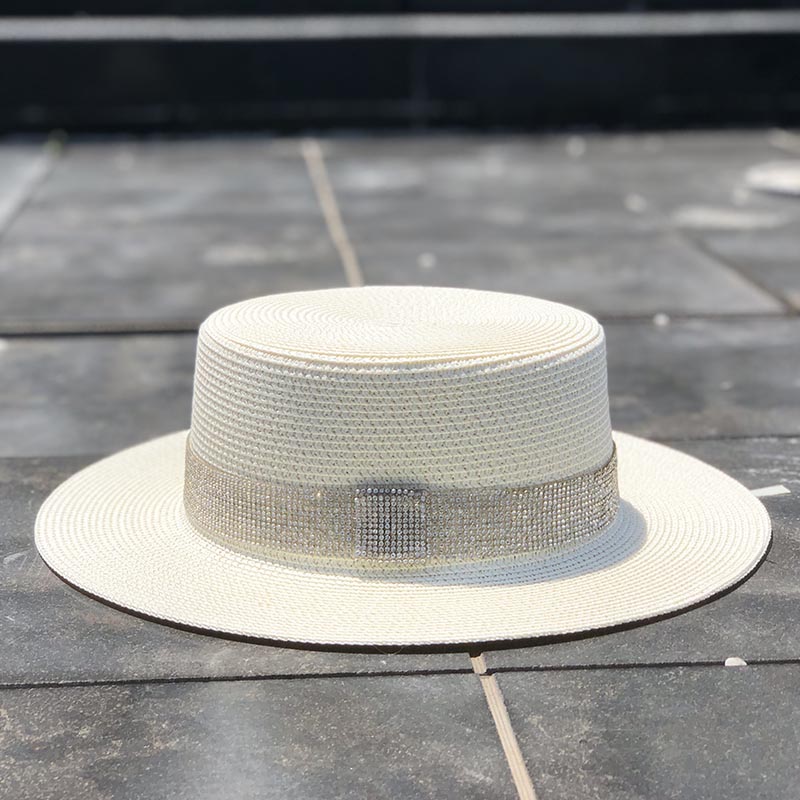 Spring Summer New Retro Gold Braided Flat Head Straw Hat Lady Wide Eaves Sunscreen Sun Hat Diamond Cap 2019 Hot