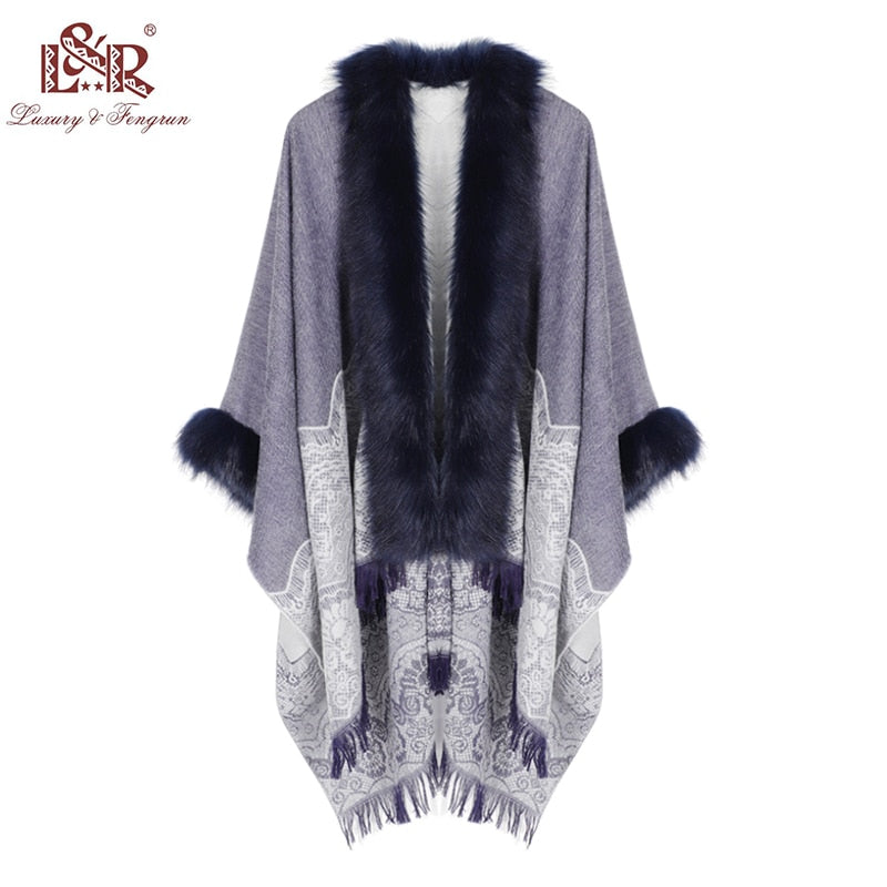 Foulard de invierno 2020 para mujer, Poncho con cuello de piel, chales florales de Cachemira para mujer, bufanda Jacquard Skill, Poncho de Pashmina cálido con borlas