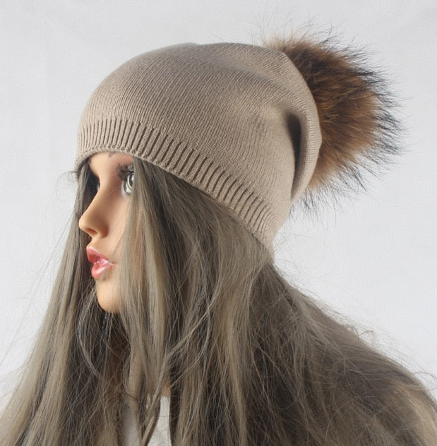 Gorro con pompón para otoño e invierno, gorros tejidos de lana para mujer, gorros informales de Cachemira para mujer, gorro con pompón de piel de mapache Real