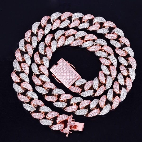 Bubble Letter 20mm Heavy Rose Color Zircon Miami Cuban Link Chain for Men Necklace Choker Hip Hop Jewelry Free Shipping Items