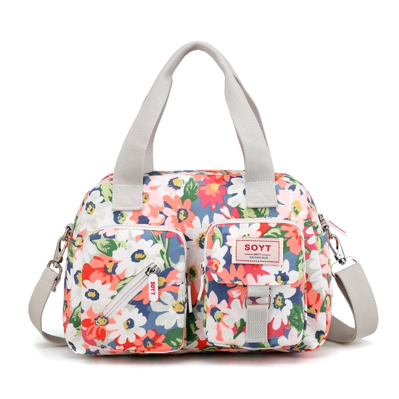 Nuevos bolsos de hombro de nailon multicapa para mujer, bolsos sencillos a la moda para chicas, bolsos de mensajero, bolsos cruzados con flores impresas