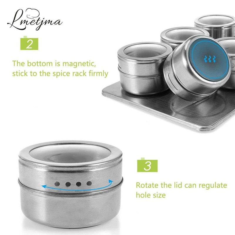 LMETJMA Magnetic Spice Jars with Spice Rack 304 Stainless Steel Spice Tins Spice Storage Jar Tins Pepper Seasoning Shakers Jars