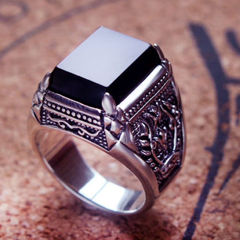 ZABRA Real 925 Silber Schwarz Zirkon Ring Für Männer Weiblich Gravierte Blume Männer Mode Sterling Thai Silber Schmuck Synthetischer Onyx