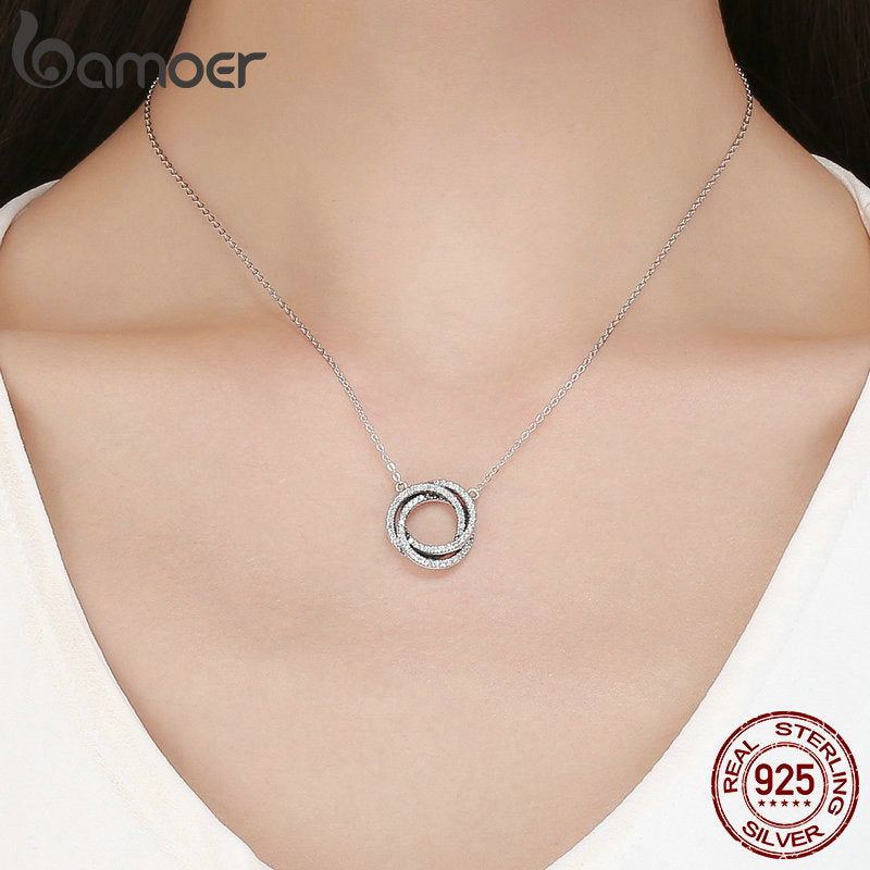 Bamoer Real 925 Sterling Silver Minimalism Geometric Stacked Circle Pendant Necklaces for Women Clear CZ Fine Jewelry SCN259